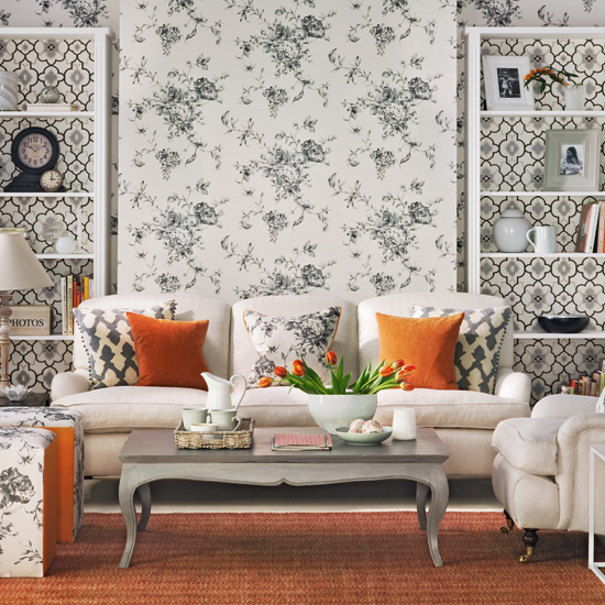 Monochrome and orange living room