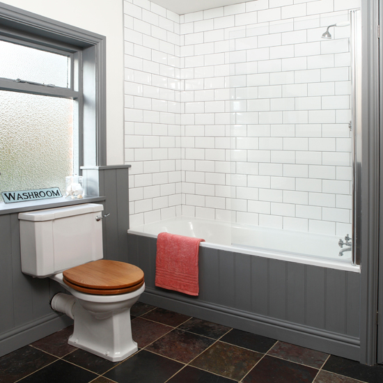 Grey and white tiled bathroom