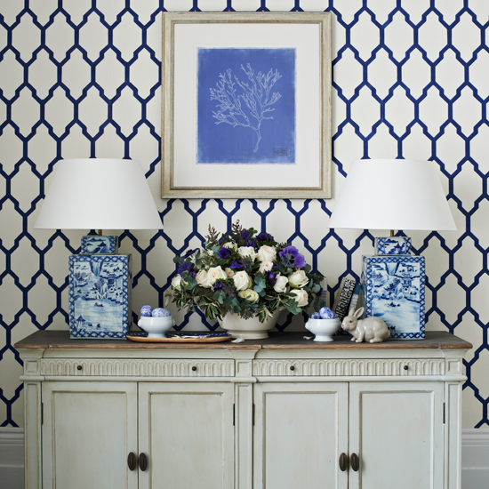 Blue and white dining room sideboard