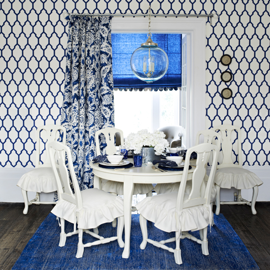 Blue and white patterned dining room