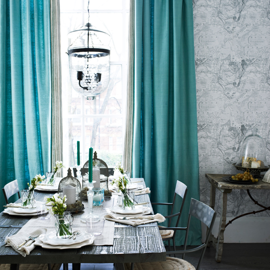 Turquoise and grey dining room