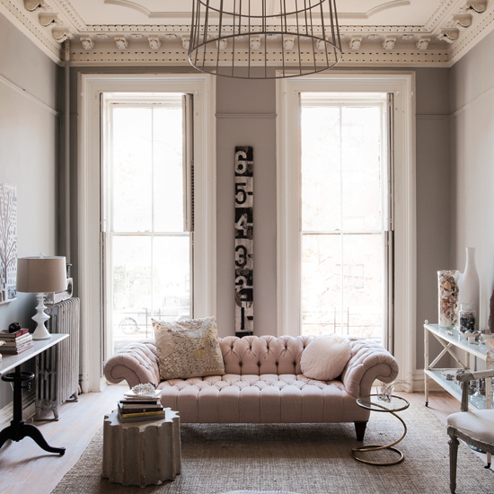 Pale pink and muted grey living room