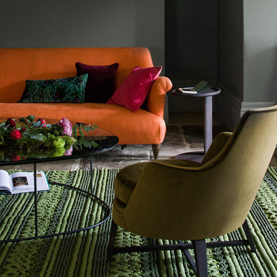 Orange and moss green living room
