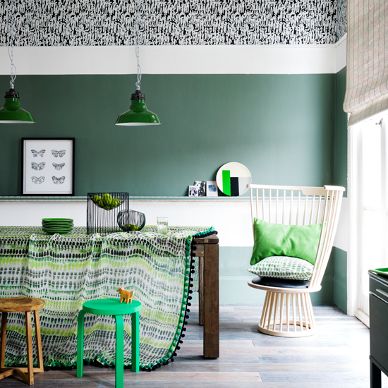 Emerald green and white dining room
