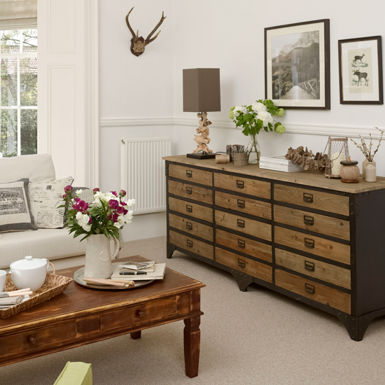 Neutral living room with chest of drawers