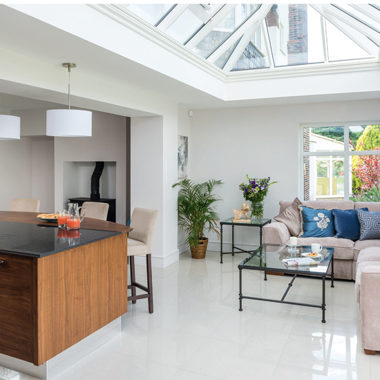 Walnut and white kitchen with living area