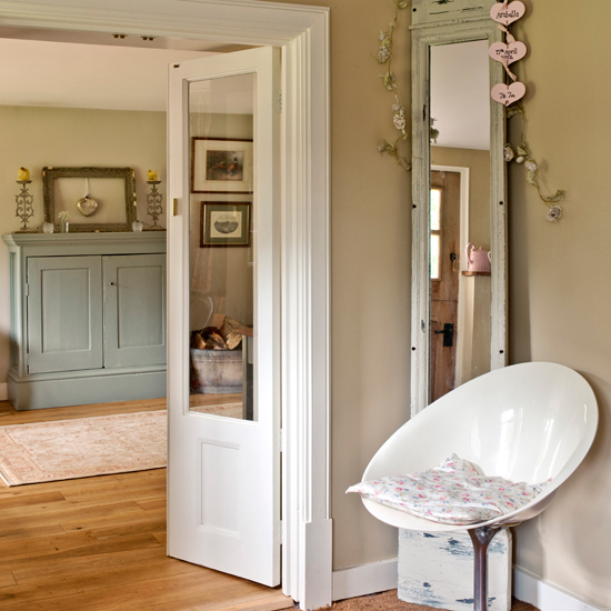 Neutral hallway with floral accents 