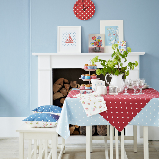 Red and blue polka dot dining room