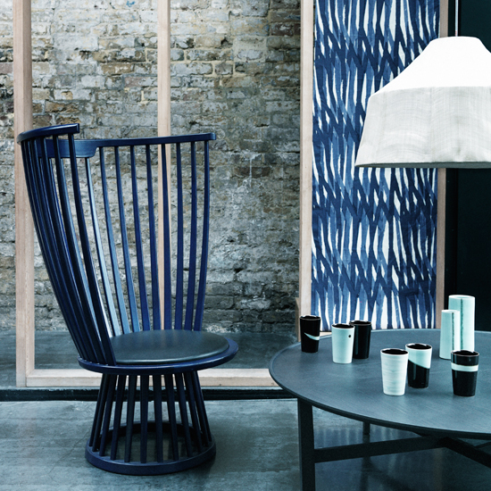 Blue and white seating area