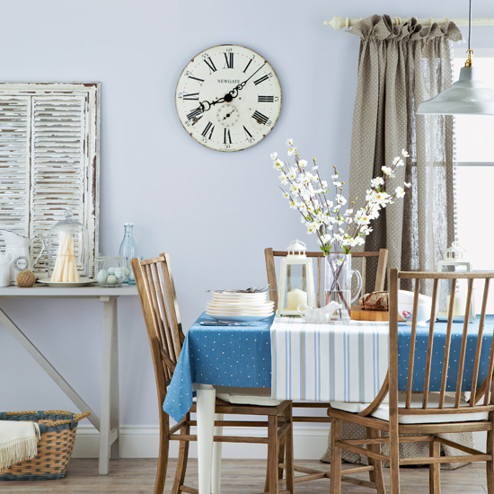 Pale blue and light oak dining room