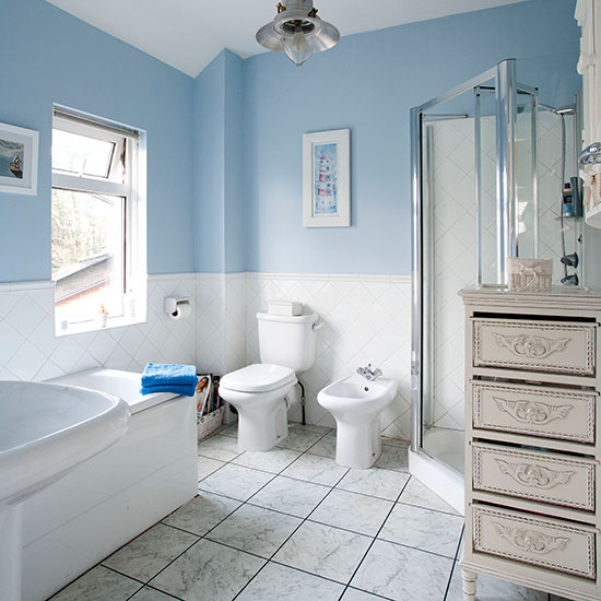 Pale blue and white traditionalstyle bathroom  Bathroom decorating 