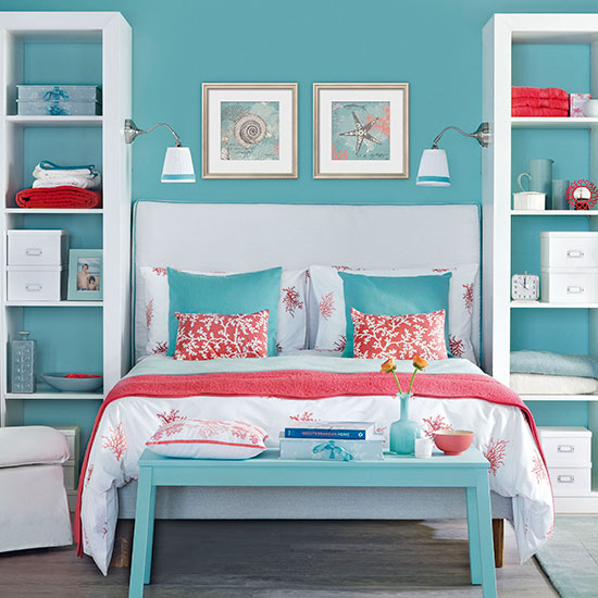 Blue bedroom with pink coral accents | Bedroom decorating | Ideal Home ...