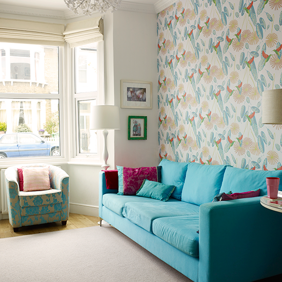 turquoise sofa with patterned feature wall how to decorate with colour housetohome co uk turquoise sofa with patterned feature wall how to decorate with colour housetohome co uk