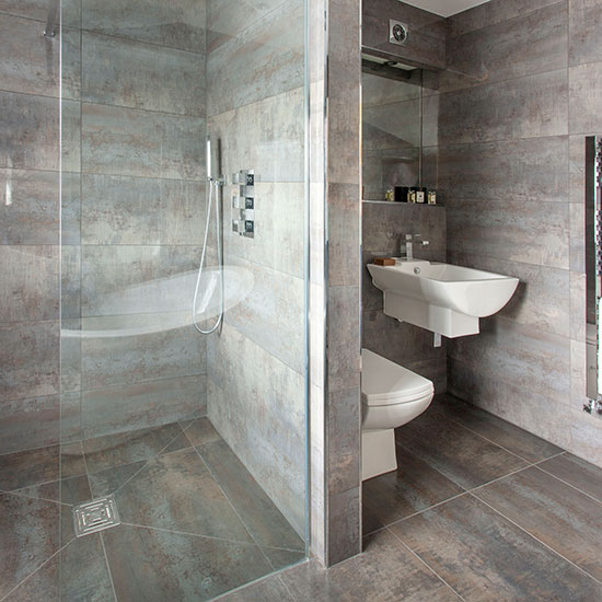 Grey bathroom with walkin shower  Decorating 