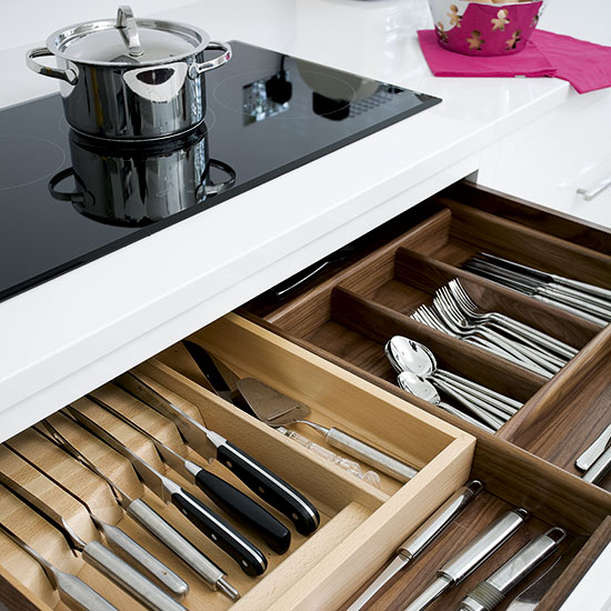 Handy underhob cutlery drawer Higloss kitchen with pink accents Kitchen tour housetohome