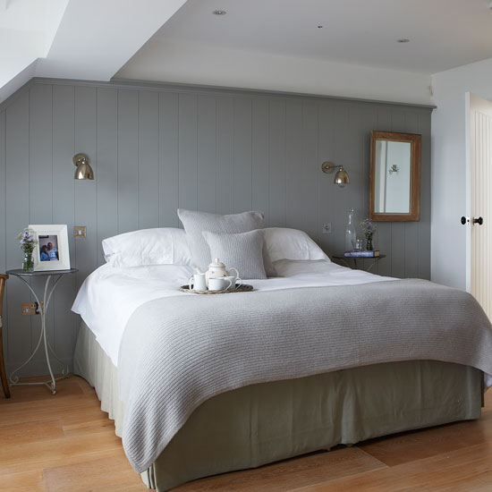 Restful grey bedroom with country panelling | West Sussex country house | House tour | PHOTO GALLERY | Country Homes and Interiors | Housetohome.co.uk