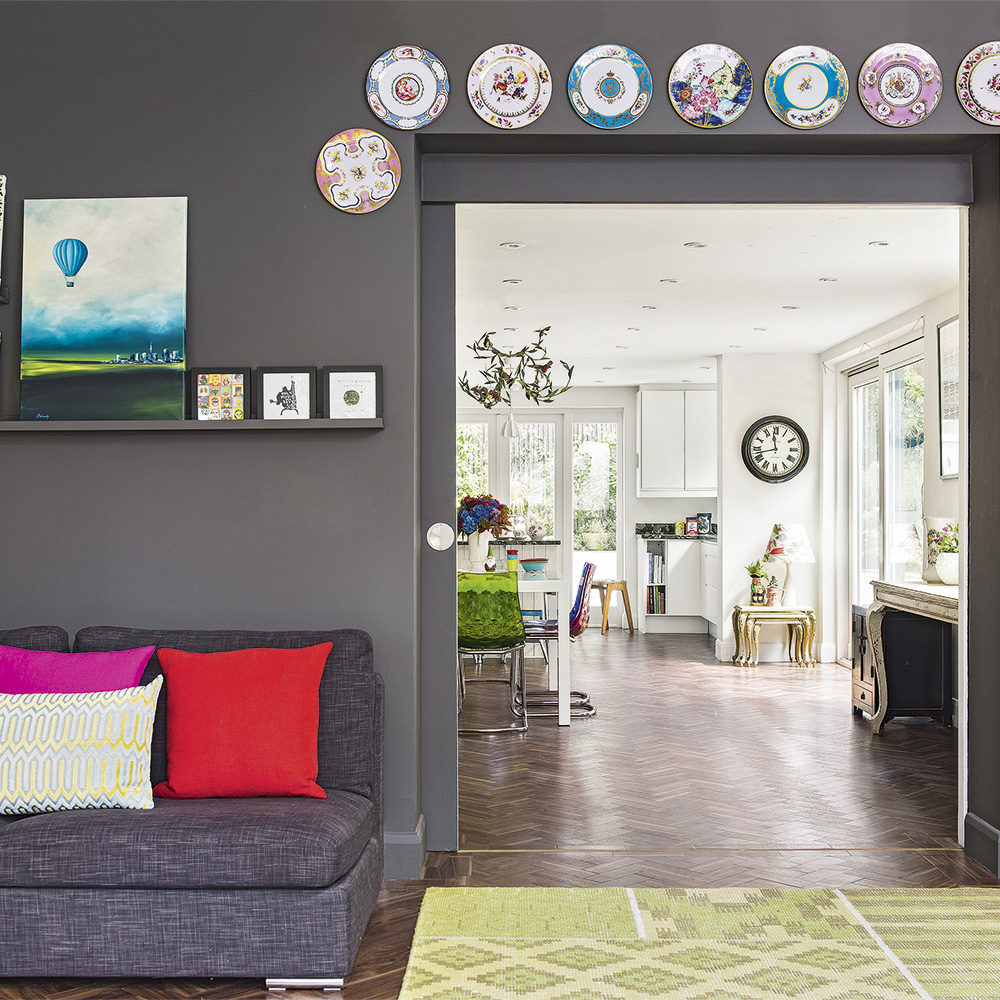 Modern grey living room with bright accessories housetohome.co.uk