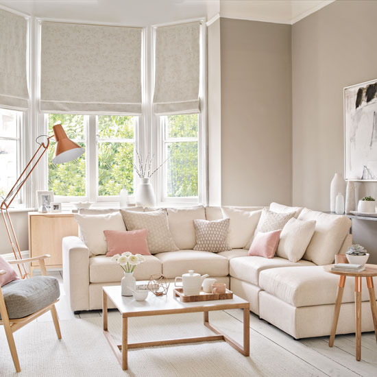 Pale and pretty living room with copper floor lamp | housetohome.co.uk